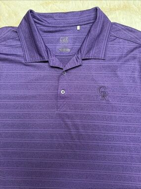 Cutter & Buck Men's Purple Striped Polo with Embroidered Colorado Rockies